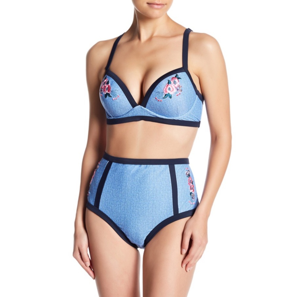 NWT High Waisted Chambray Denim Applique Swimsuit - Picture 2 of 8